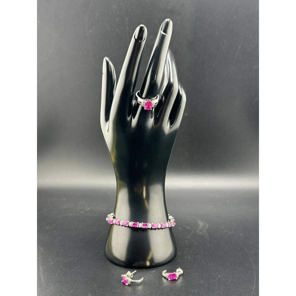 925 Silver Pink‎ Stone Bracelet Ring Earrings Set 051(73)